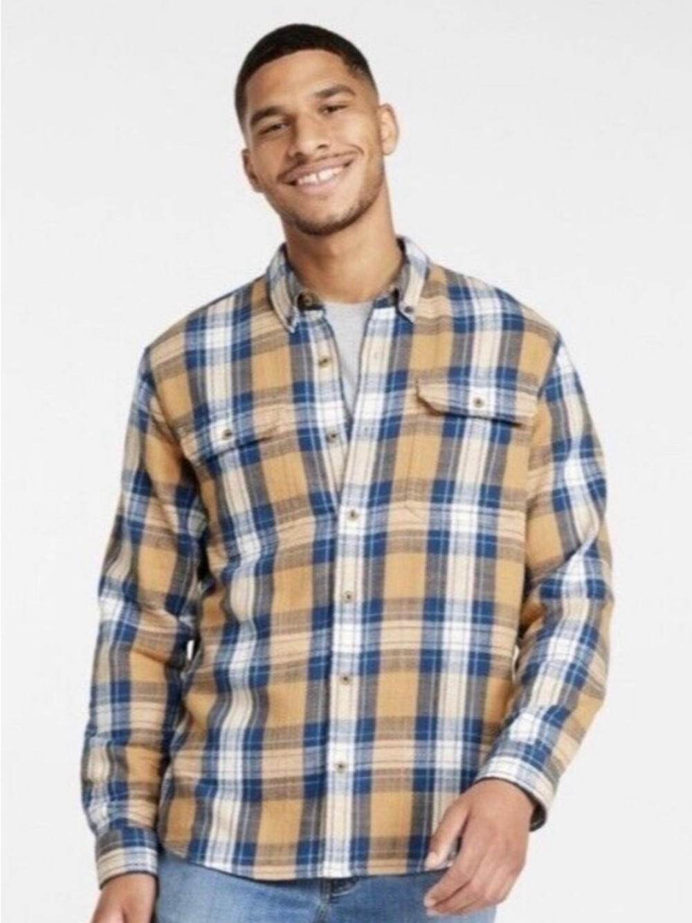 LL Bean Men's 1912 Field Flannel Shirt Untucked Fit Plaid Vintage Yellow Blue XL